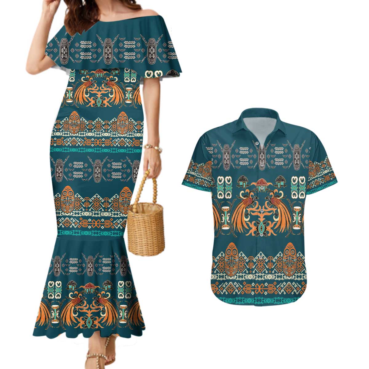 Dark Cyan Blue Batik Papua-inspired Pattern Couples Matching Mermaid Dress and Hawaiian Shirt LT9 Blue - Polynesian Pride