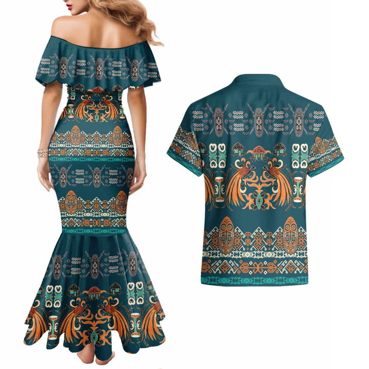 Dark Cyan Blue Batik Papua-inspired Pattern Couples Matching Mermaid Dress and Hawaiian Shirt LT9 - Polynesian Pride