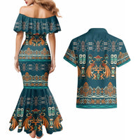Dark Cyan Blue Batik Papua-inspired Pattern Couples Matching Mermaid Dress and Hawaiian Shirt LT9 - Polynesian Pride