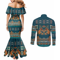 Dark Cyan Blue Batik Papua-inspired Pattern Couples Matching Mermaid Dress and Long Sleeve Button Shirt LT9 - Polynesian Pride