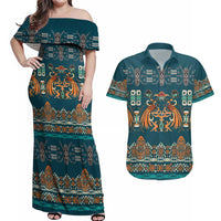 Dark Cyan Blue Batik Papua-inspired Pattern Couples Matching Off Shoulder Maxi Dress and Hawaiian Shirt LT9 Blue - Polynesian Pride