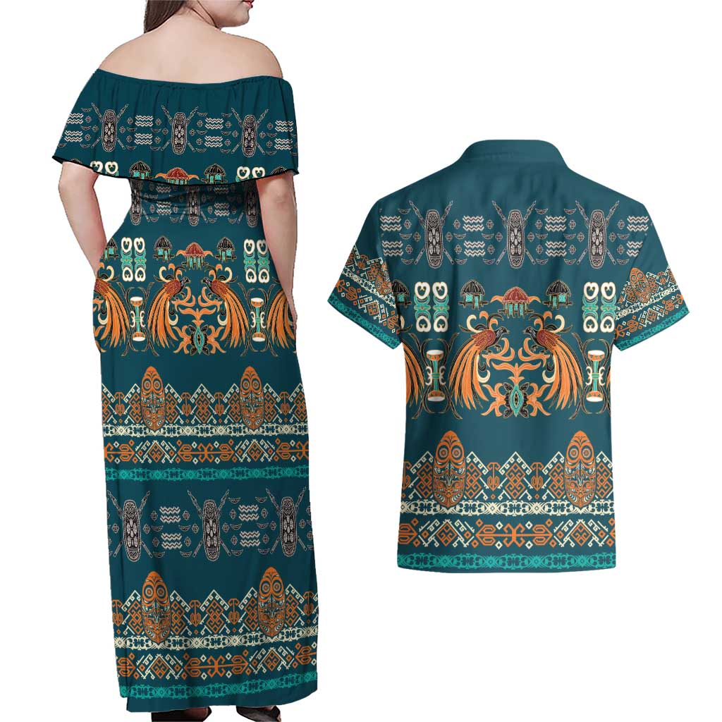 Dark Cyan Blue Batik Papua-inspired Pattern Couples Matching Off Shoulder Maxi Dress and Hawaiian Shirt LT9 - Polynesian Pride