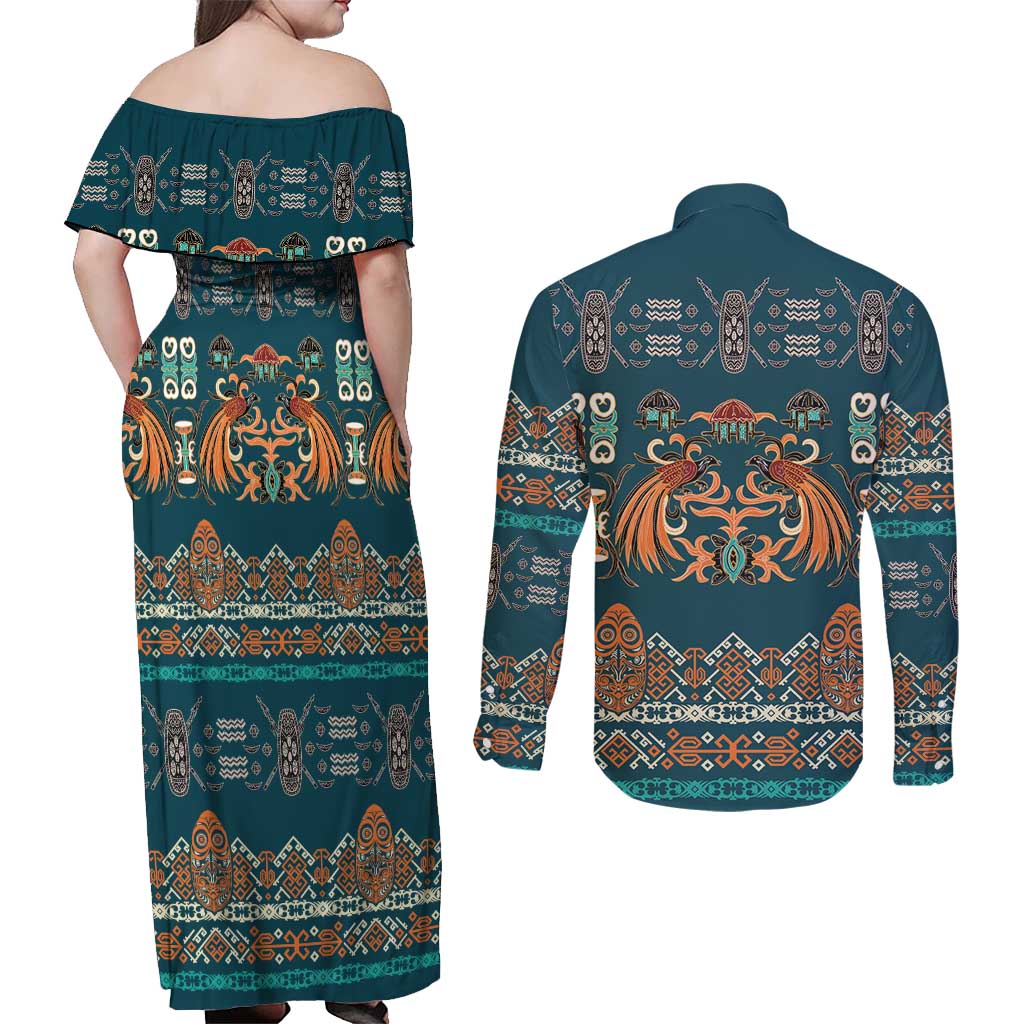 Dark Cyan Blue Batik Papua-inspired Pattern Couples Matching Off Shoulder Maxi Dress and Long Sleeve Button Shirt - Polynesian Pride