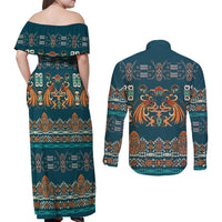 Dark Cyan Blue Batik Papua-inspired Pattern Couples Matching Off Shoulder Maxi Dress and Long Sleeve Button Shirt - Polynesian Pride