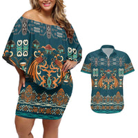 Dark Cyan Blue Batik Papua-inspired Pattern Couples Matching Off Shoulder Short Dress and Hawaiian Shirt LT9 Blue - Polynesian Pride