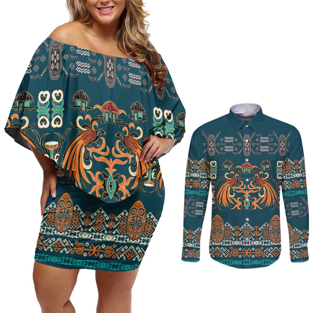 Dark Cyan Blue Batik Papua-inspired Pattern Couples Matching Off Shoulder Short Dress and Long Sleeve Button Shirt - Polynesian Pride
