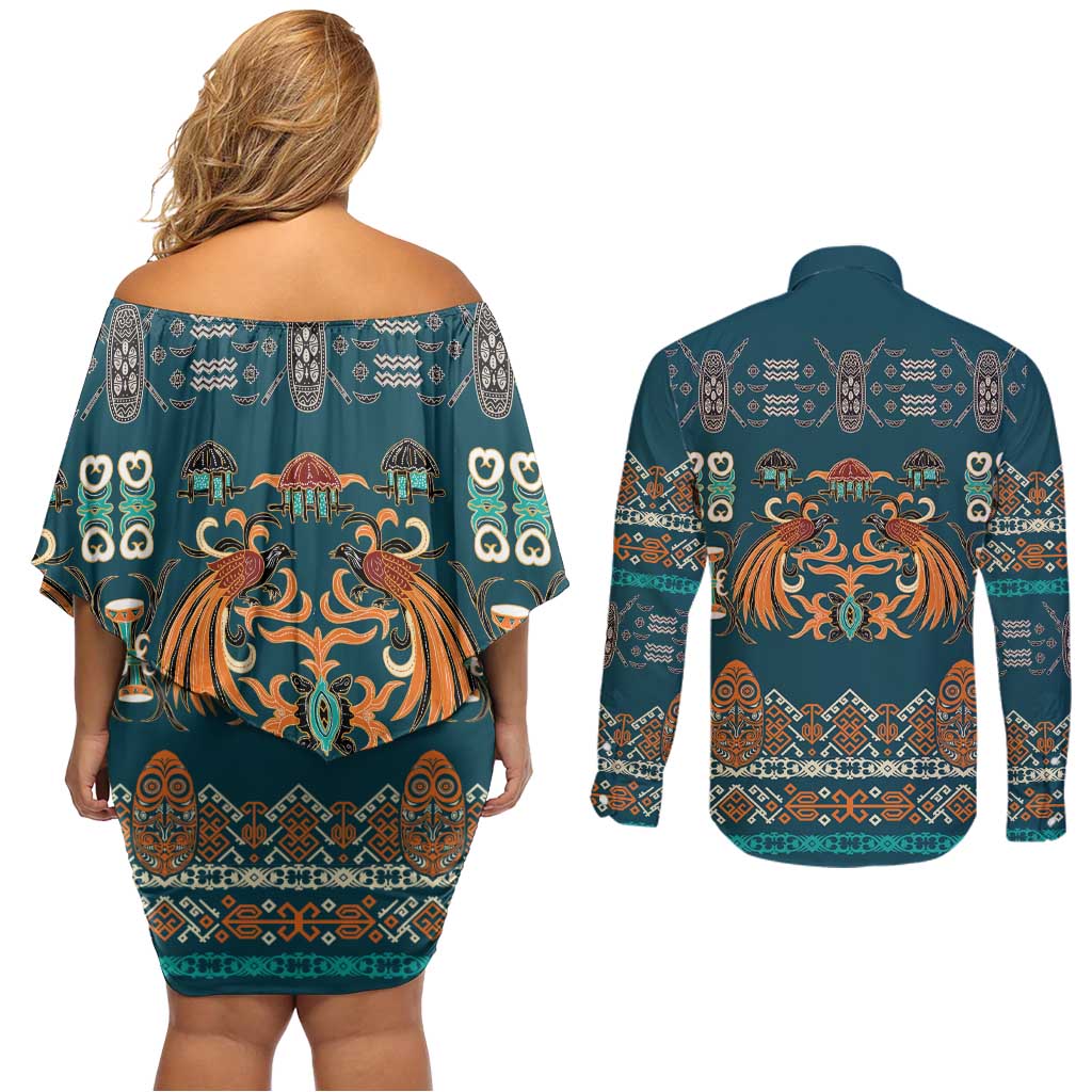 Dark Cyan Blue Batik Papua-inspired Pattern Couples Matching Off Shoulder Short Dress and Long Sleeve Button Shirt - Polynesian Pride
