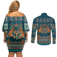 Dark Cyan Blue Batik Papua-inspired Pattern Couples Matching Off Shoulder Short Dress and Long Sleeve Button Shirt - Polynesian Pride