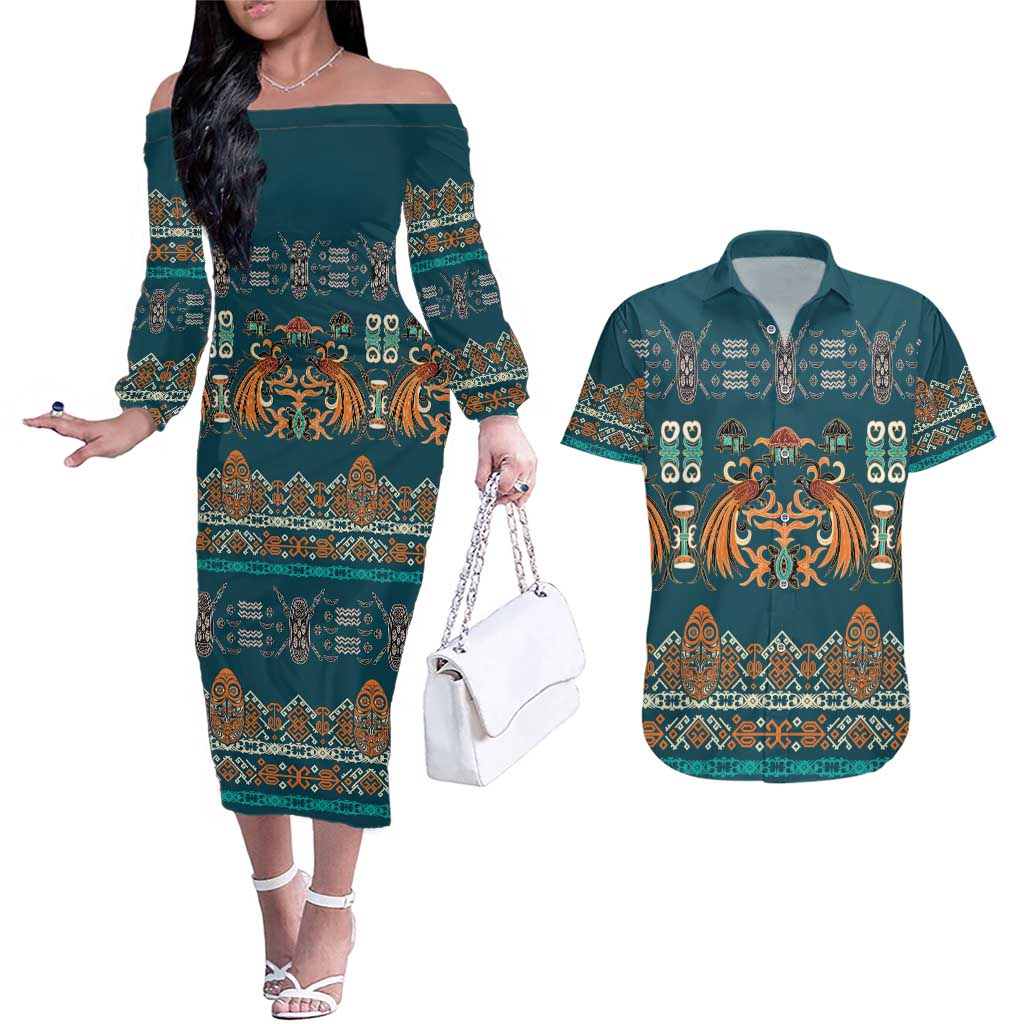 Dark Cyan Blue Batik Papua-inspired Pattern Couples Matching Off The Shoulder Long Sleeve Dress and Hawaiian Shirt LT9 Blue - Polynesian Pride