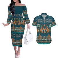 Dark Cyan Blue Batik Papua-inspired Pattern Couples Matching Off The Shoulder Long Sleeve Dress and Hawaiian Shirt LT9 Blue - Polynesian Pride