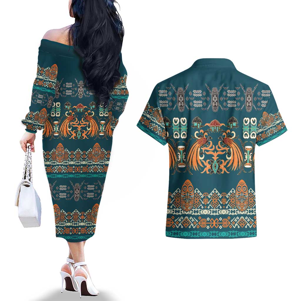 Dark Cyan Blue Batik Papua-inspired Pattern Couples Matching Off The Shoulder Long Sleeve Dress and Hawaiian Shirt LT9 - Polynesian Pride