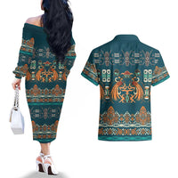 Dark Cyan Blue Batik Papua-inspired Pattern Couples Matching Off The Shoulder Long Sleeve Dress and Hawaiian Shirt LT9 - Polynesian Pride