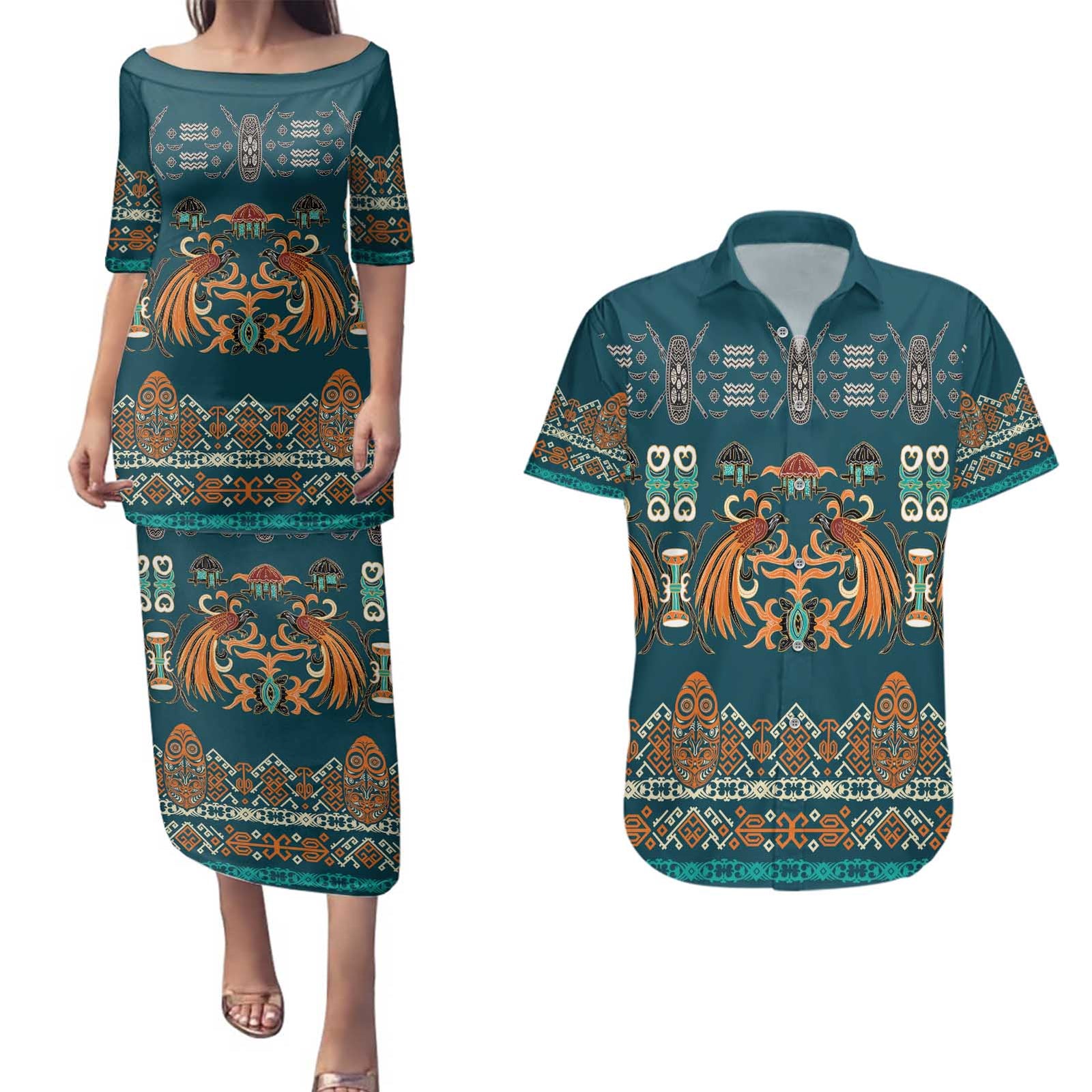 Dark Cyan Blue Batik Papua-inspired Pattern Couples Matching Puletasi and Hawaiian Shirt LT9 Blue - Polynesian Pride