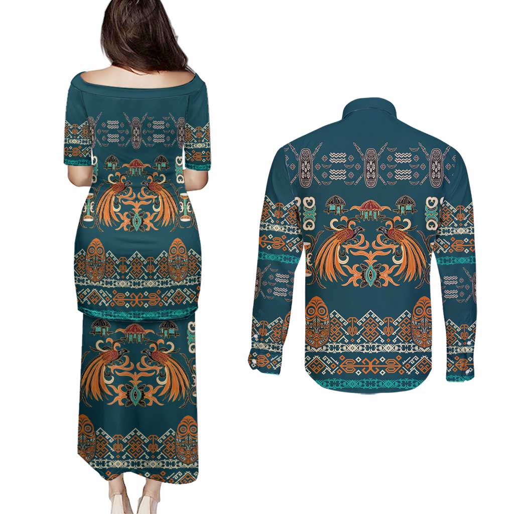 Dark Cyan Blue Batik Papua-inspired Pattern Couples Matching Puletasi and Long Sleeve Button Shirt LT9 - Polynesian Pride