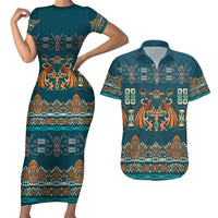 Dark Cyan Blue Batik Papua-inspired Pattern Couples Matching Short Sleeve Bodycon Dress and Hawaiian Shirt LT9 Blue - Polynesian Pride