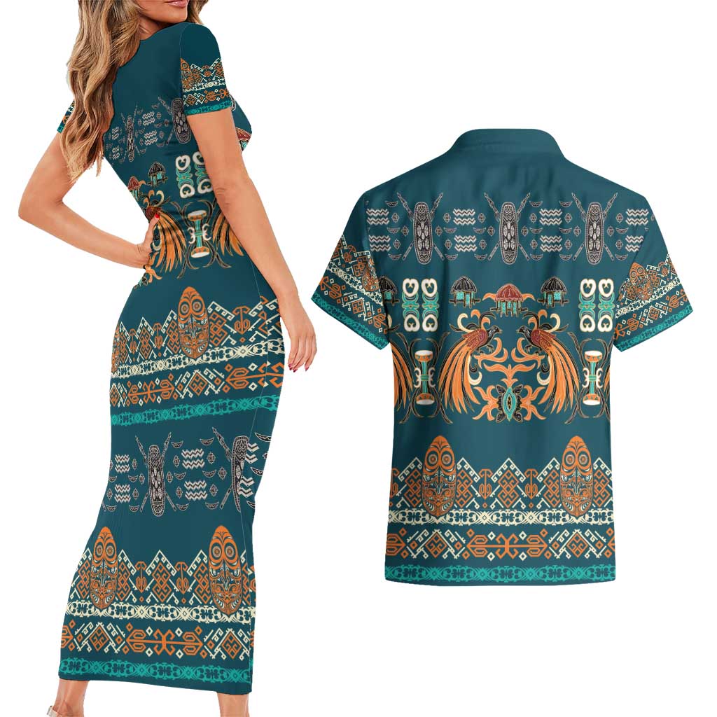 Dark Cyan Blue Batik Papua-inspired Pattern Couples Matching Short Sleeve Bodycon Dress and Hawaiian Shirt LT9 - Polynesian Pride