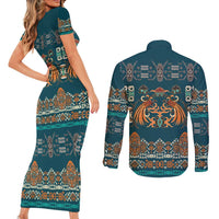 Dark Cyan Blue Batik Papua-inspired Pattern Couples Matching Short Sleeve Bodycon Dress and Long Sleeve Button Shirt LT9 - Polynesian Pride