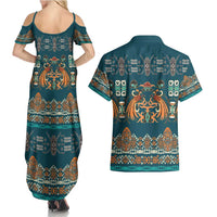 Dark Cyan Blue Batik Papua-inspired Pattern Couples Matching Summer Maxi Dress and Hawaiian Shirt LT9 - Polynesian Pride