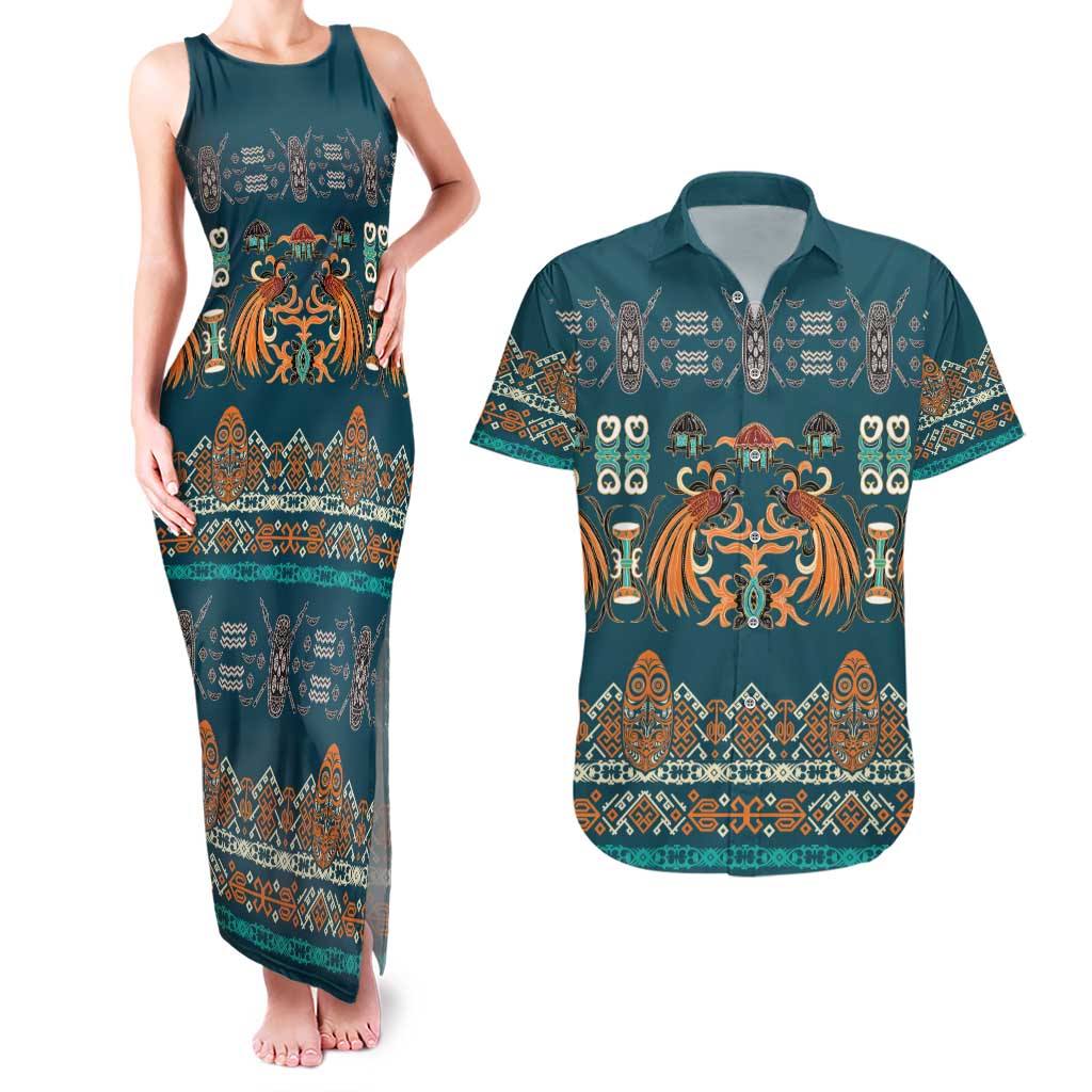 Dark Cyan Blue Batik Papua-inspired Pattern Couples Matching Tank Maxi Dress and Hawaiian Shirt LT9 Blue - Polynesian Pride