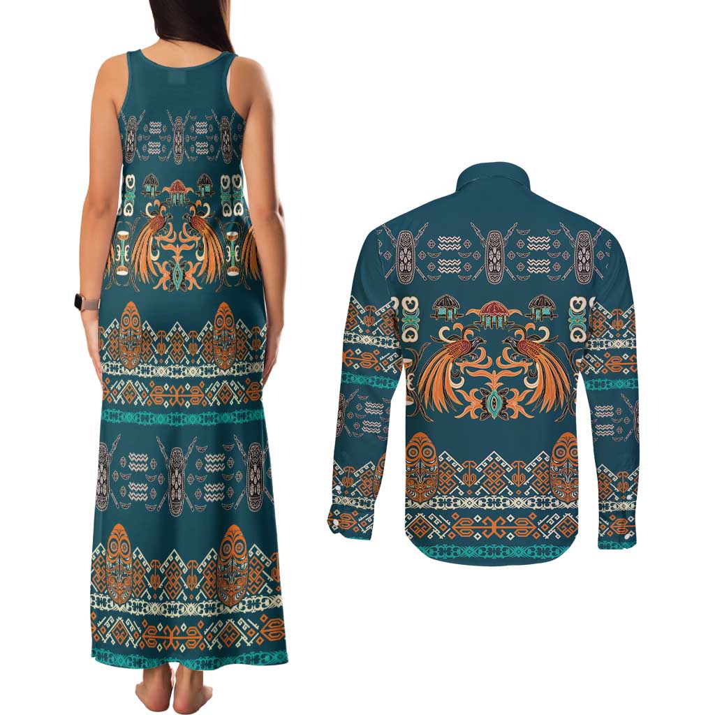 Dark Cyan Blue Batik Papua-inspired Pattern Couples Matching Tank Maxi Dress and Long Sleeve Button Shirt LT9 - Polynesian Pride