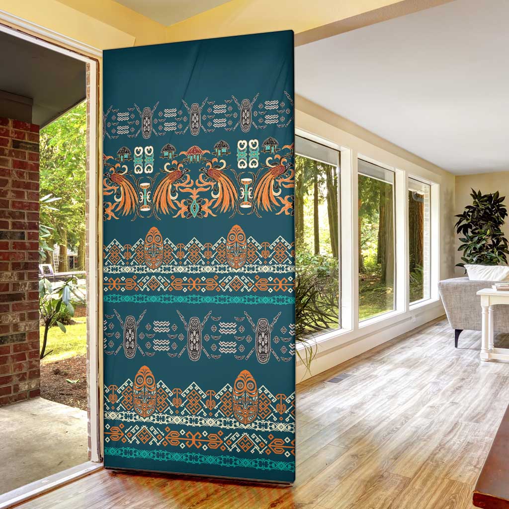 Dark Cyan Blue Batik Papua-inspired Pattern Door Cover - Polynesian Pride