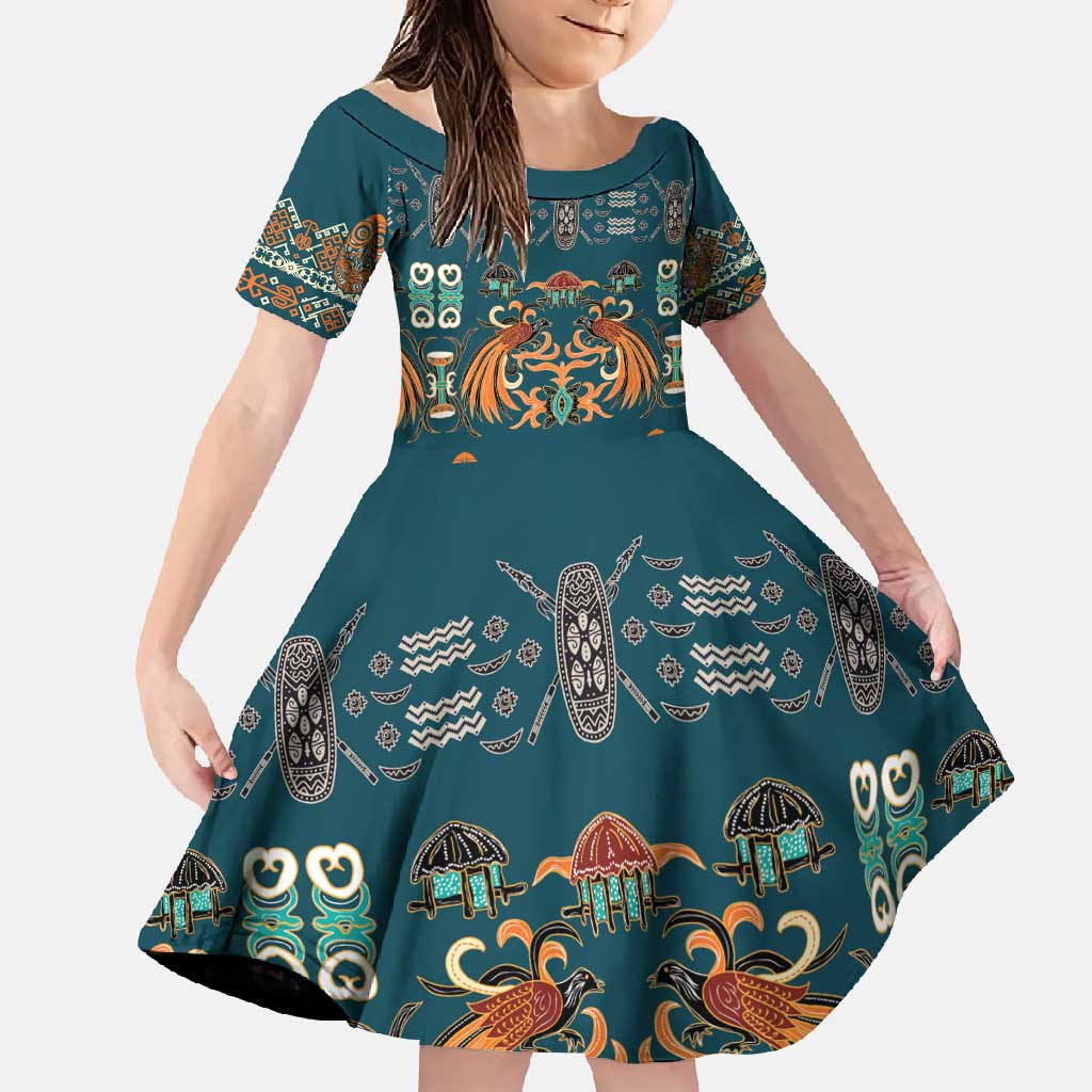 Dark Cyan Blue Batik Papua-inspired Pattern Family Matching Long Sleeve Bodycon Dress and Hawaiian Shirt - Polynesian Pride