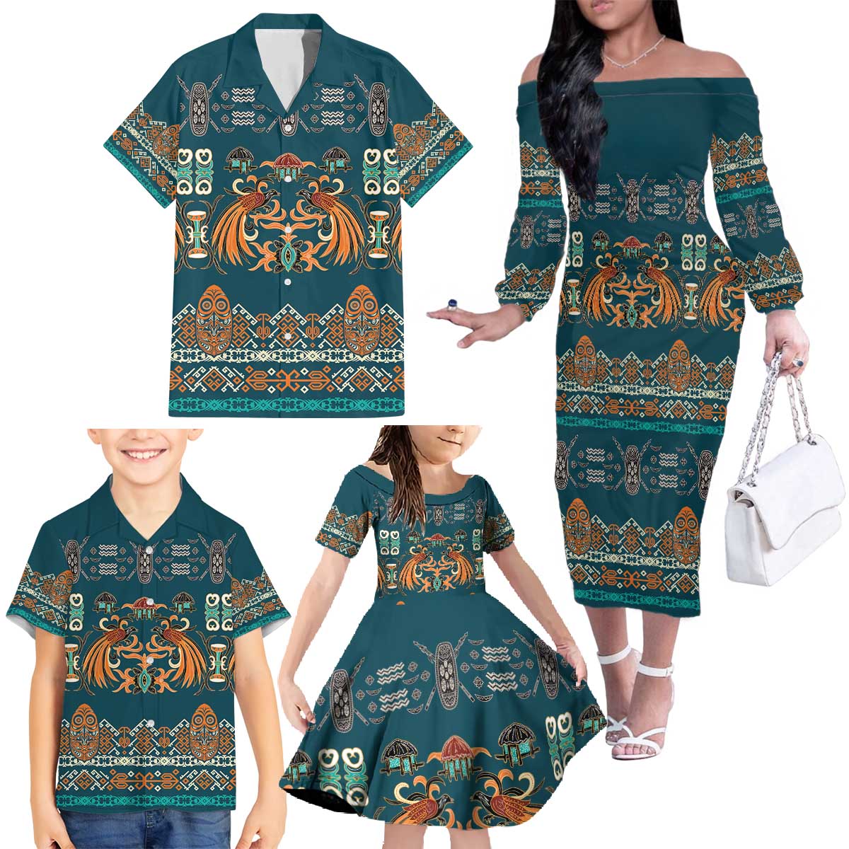 Dark Cyan Blue Batik Papua-inspired Pattern Family Matching Off The Shoulder Long Sleeve Dress and Hawaiian Shirt LT9 - Polynesian Pride