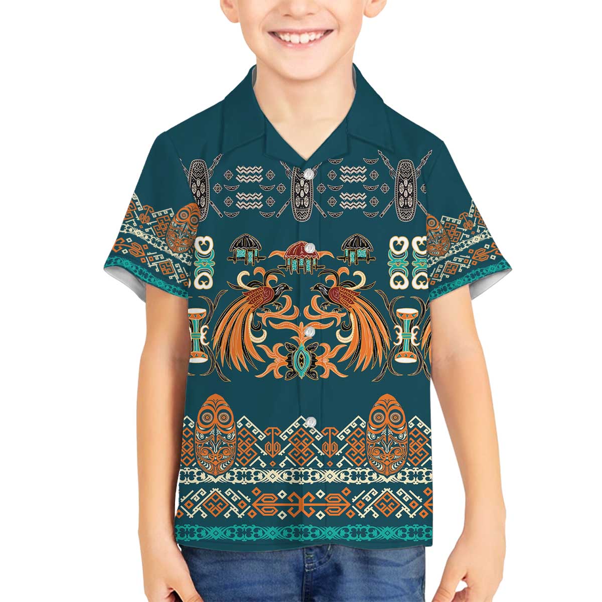 Dark Cyan Blue Batik Papua-inspired Pattern Family Matching Off The Shoulder Long Sleeve Dress and Hawaiian Shirt - Polynesian Pride