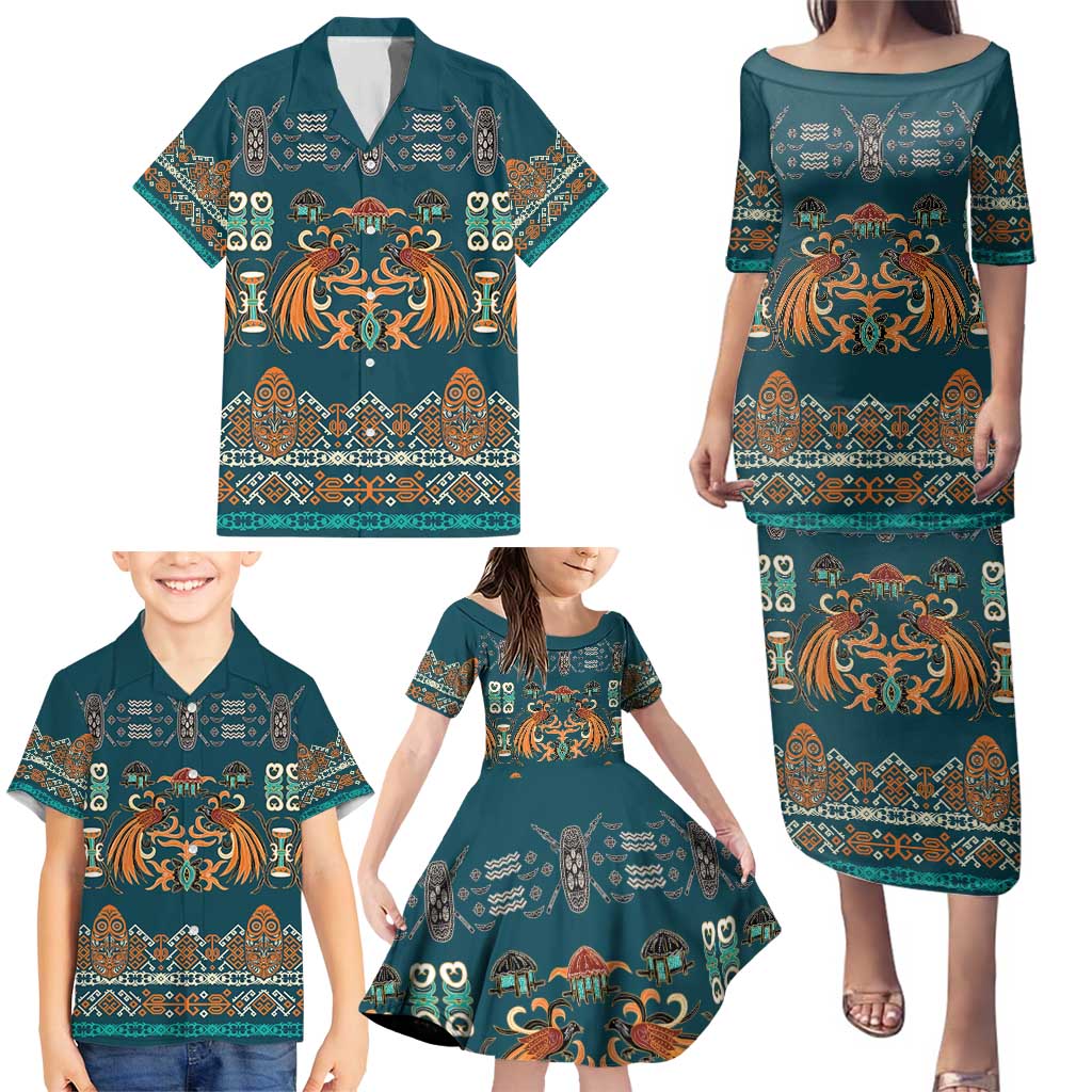 Dark Cyan Blue Batik Papua-inspired Pattern Family Matching Puletasi and Hawaiian Shirt LT9 - Polynesian Pride