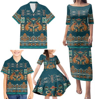 Dark Cyan Blue Batik Papua-inspired Pattern Family Matching Puletasi and Hawaiian Shirt LT9 - Polynesian Pride