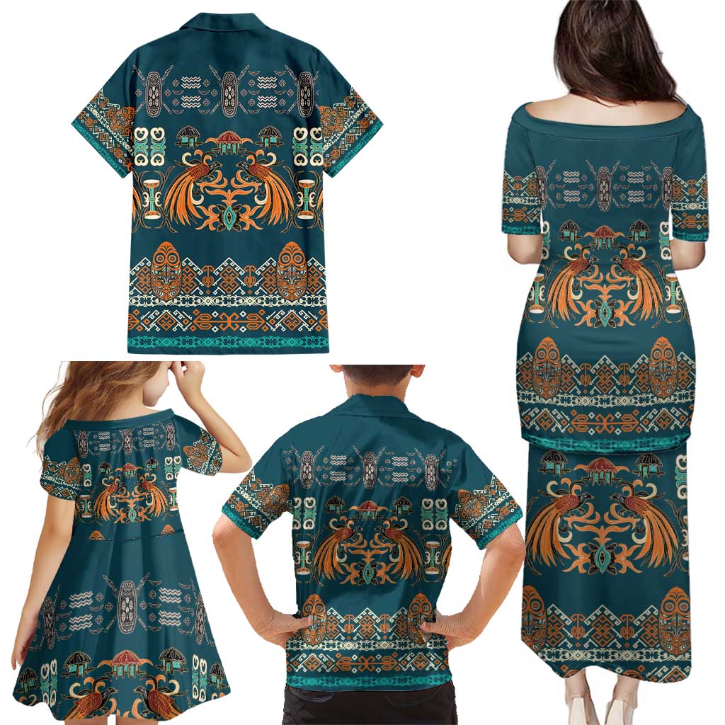 Dark Cyan Blue Batik Papua-inspired Pattern Family Matching Puletasi and Hawaiian Shirt LT9 - Polynesian Pride