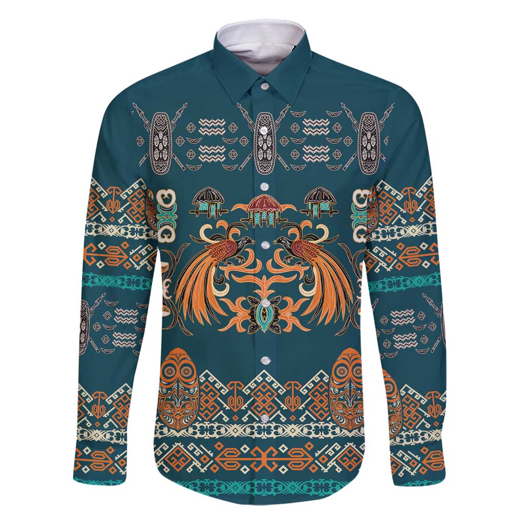 Dark Cyan Blue Batik Papua-inspired Pattern Family Matching Puletasi and Hawaiian Shirt LT9 Dad's Shirt - Long Sleeve Blue - Polynesian Pride