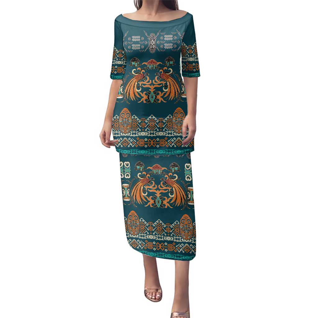 Dark Cyan Blue Batik Papua-inspired Pattern Family Matching Puletasi and Hawaiian Shirt LT9 Mom's Dress Blue - Polynesian Pride