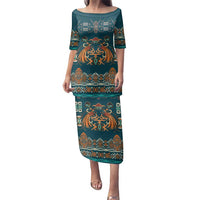 Dark Cyan Blue Batik Papua-inspired Pattern Family Matching Puletasi and Hawaiian Shirt LT9 Mom's Dress Blue - Polynesian Pride