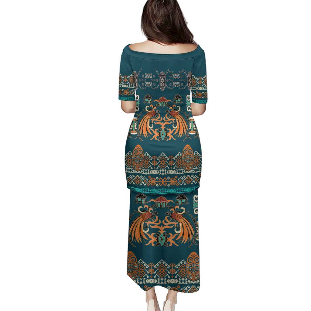 Dark Cyan Blue Batik Papua-inspired Pattern Family Matching Puletasi and Hawaiian Shirt LT9 - Polynesian Pride