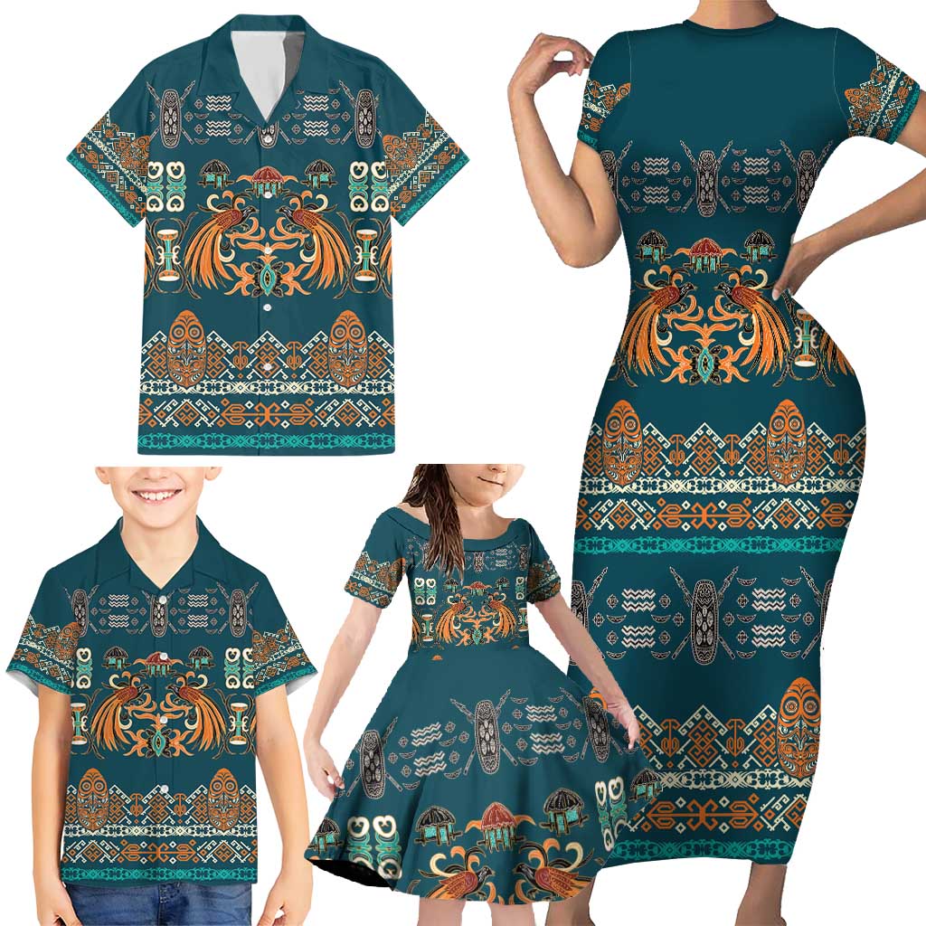 Dark Cyan Blue Batik Papua-inspired Pattern Family Matching Short Sleeve Bodycon Dress and Hawaiian Shirt LT9 - Polynesian Pride