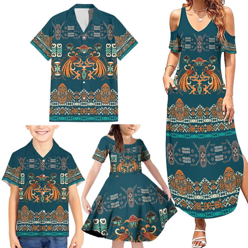 Dark Cyan Blue Batik Papua-inspired Pattern Family Matching Summer Maxi Dress and Hawaiian Shirt LT9 - Polynesian Pride