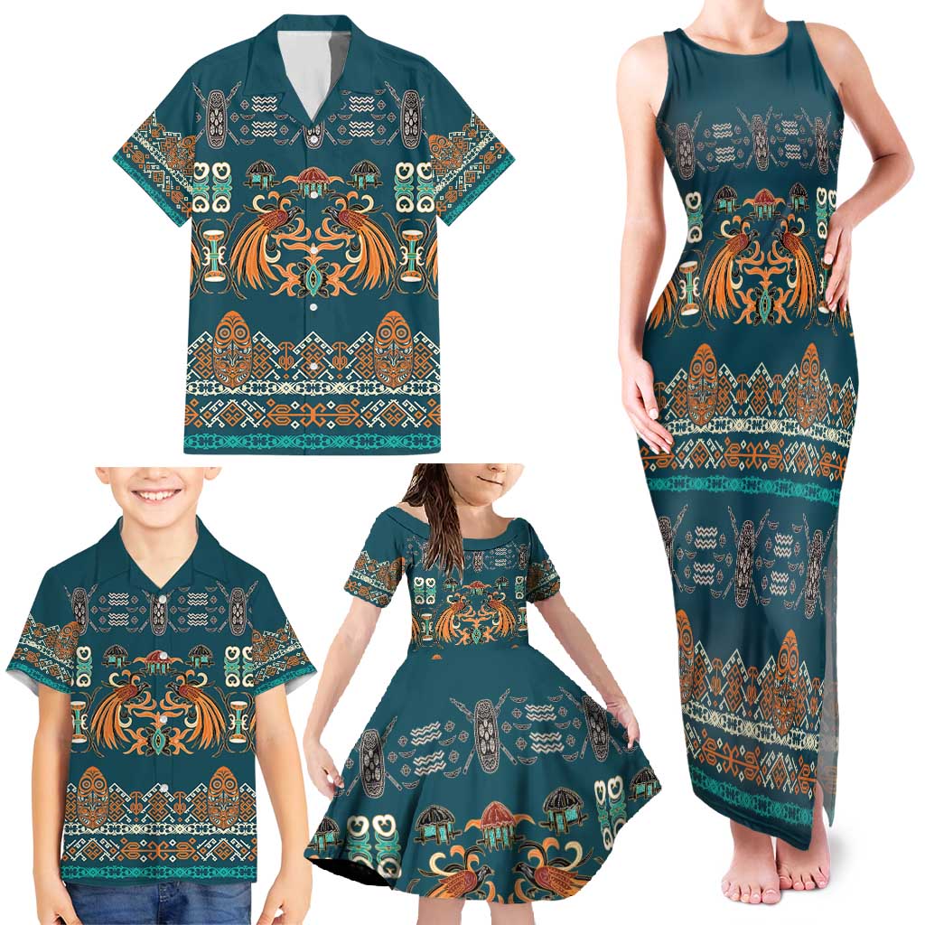 Dark Cyan Blue Batik Papua-inspired Pattern Family Matching Tank Maxi Dress and Hawaiian Shirt LT9 - Polynesian Pride
