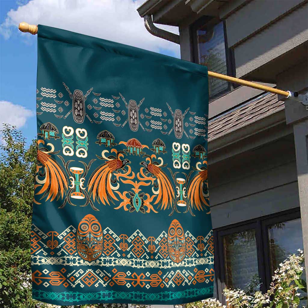 Dark Cyan Blue Batik Papua-inspired Pattern Garden Flag - Polynesian Pride