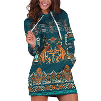 Dark Cyan Blue Batik Papua-inspired Pattern Hoodie Dress LT9 Blue - Polynesian Pride