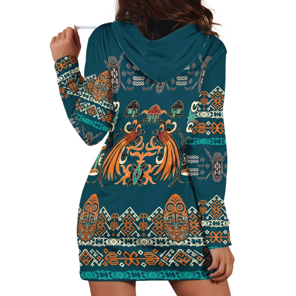 Dark Cyan Blue Batik Papua-inspired Pattern Hoodie Dress LT9 - Polynesian Pride