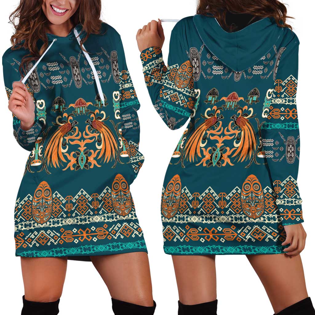 Dark Cyan Blue Batik Papua-inspired Pattern Hoodie Dress LT9 - Polynesian Pride