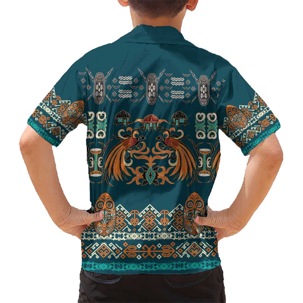 Dark Cyan Blue Batik Papua-inspired Pattern Kid Hawaiian Shirt - Polynesian Pride