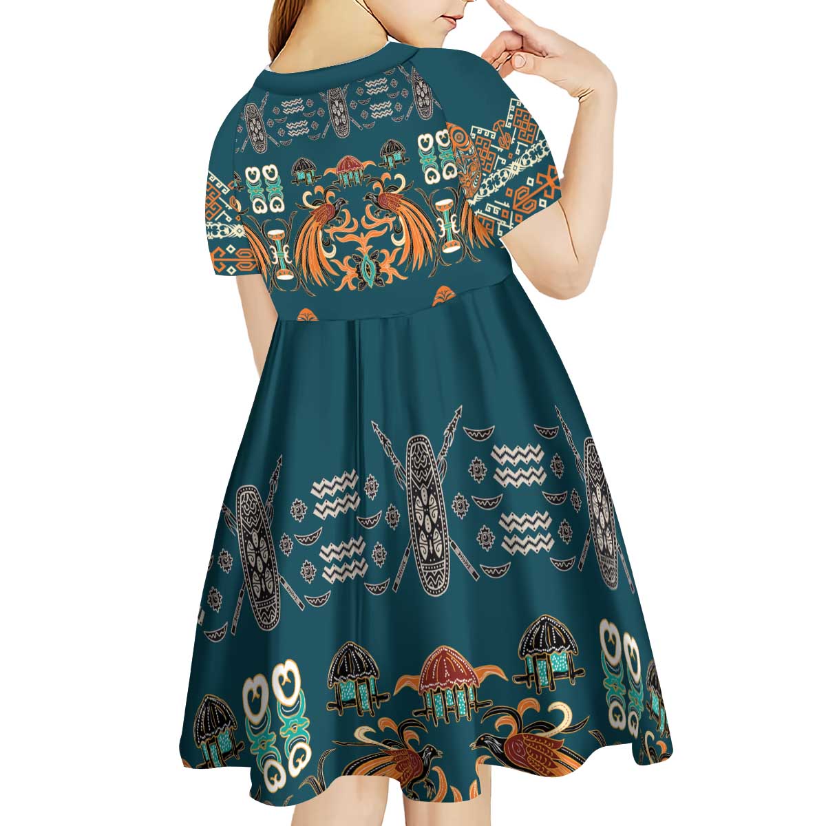 Dark Cyan Blue Batik Papua-inspired Pattern Kid Short Sleeve Dress - Polynesian Pride