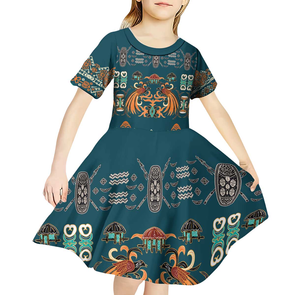 Dark Cyan Blue Batik Papua-inspired Pattern Kid Short Sleeve Dress - Polynesian Pride