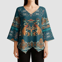 Dark Cyan Blue Batik Papua-inspired Pattern Kimono Sleeve Blouse - Polynesian Pride
