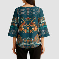 Dark Cyan Blue Batik Papua-inspired Pattern Kimono Sleeve Blouse - Polynesian Pride