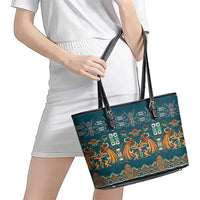 Dark Cyan Blue Batik Papua-inspired Pattern Leather Tote Bag - Polynesian Pride