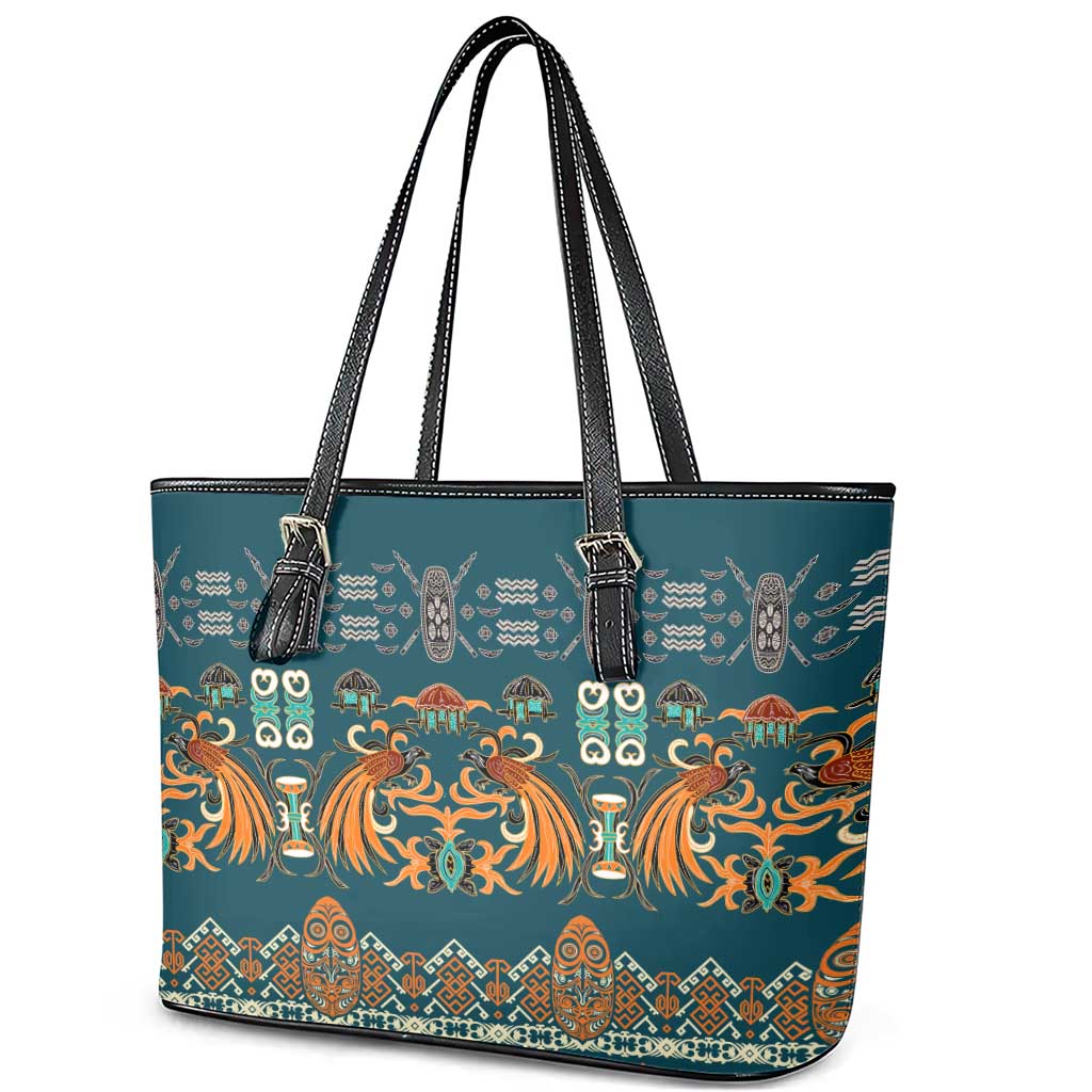 Dark Cyan Blue Batik Papua-inspired Pattern Leather Tote Bag - Polynesian Pride