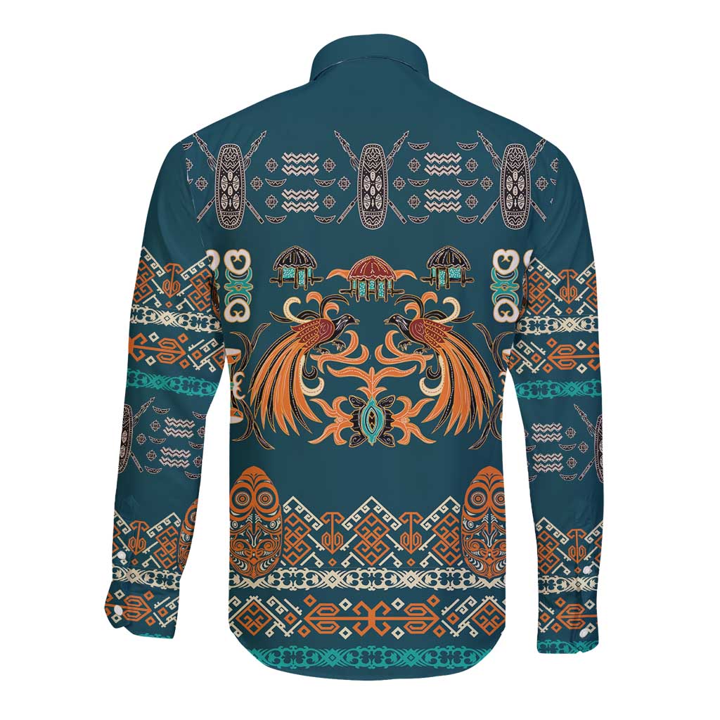 Dark Cyan Blue Batik Papua-inspired Pattern Long Sleeve Button Shirt LT9 - Polynesian Pride